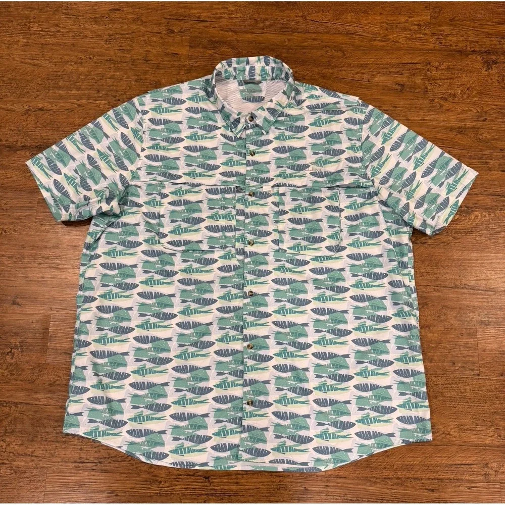 LL Bean Green Tropicwear Fish‎ Print Vented Performance Button Up Shirt Men 3XLT - Picture 2 of 8